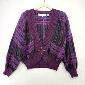 Vtg Tony Lambert Cardigan Women M Purple Plaid Mohair Blend Chunky Indie 80s 90s